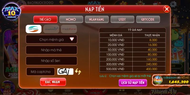 Thao tác nạp tiền Max10 đơn giản