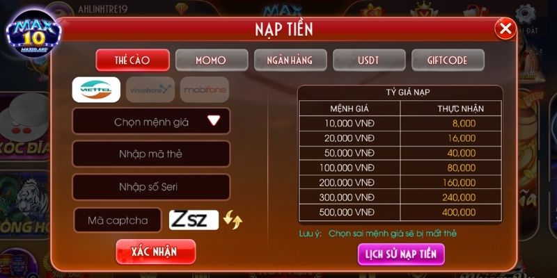 Hướng dẫn cách nạp tiền MAX10 cho từng phương thức