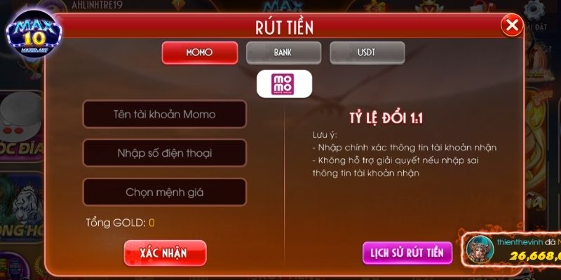 Điều kiện cần thiết để rút tiền MAX10